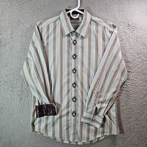 7 Diamonds Shirt Men‎ Large Flip Cuff Button Long Sleeve Light Blue Tan Striped